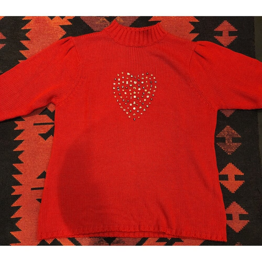 Vintage Roaman's Red Knit Sweater with GEM  Heart Design Size 1X